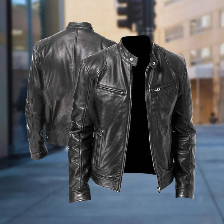 Black leather jacket shown from the front and back together, in front of a blurred city street background. 4