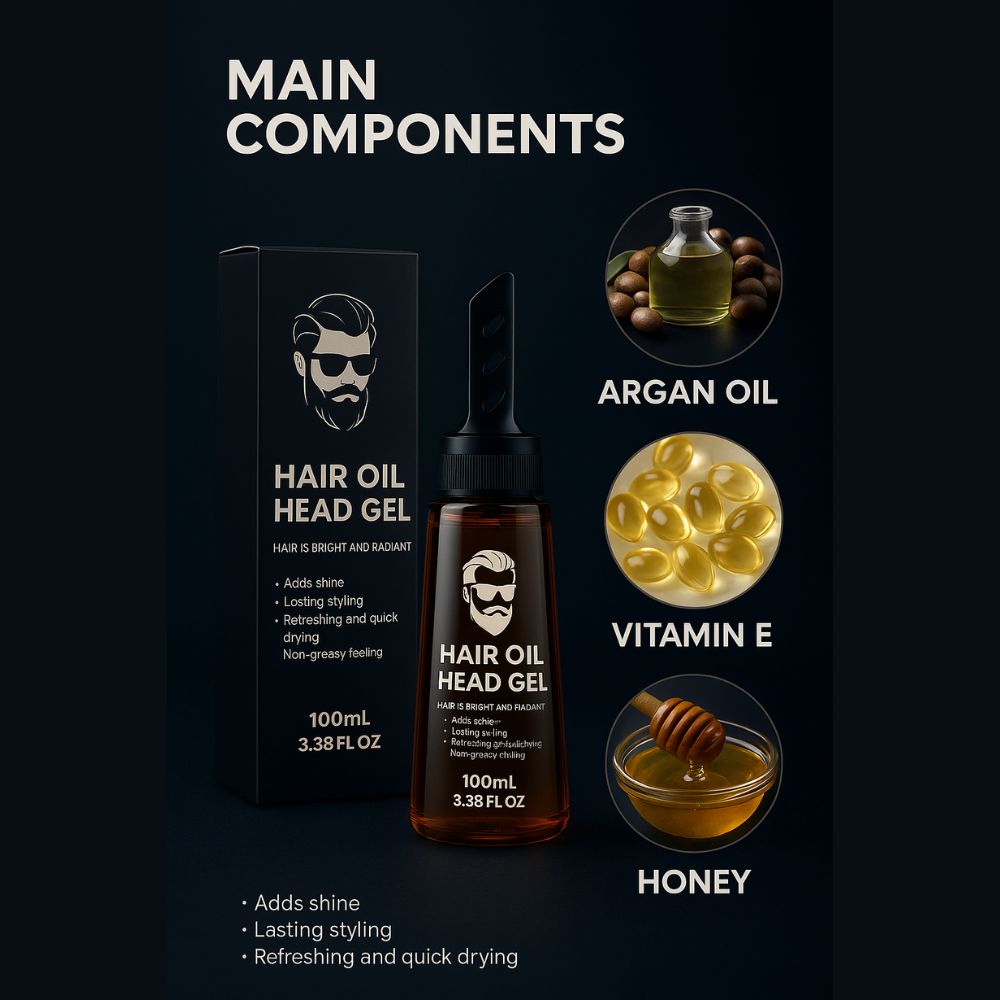 detail of the amber gel bottle with a black comb applicator and its black box