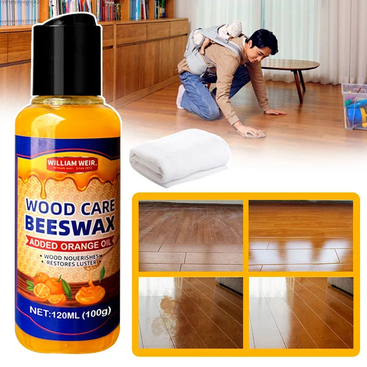 Polish bottle and white cloth beside a man wiping a wood floor, with before and after floor panels 2