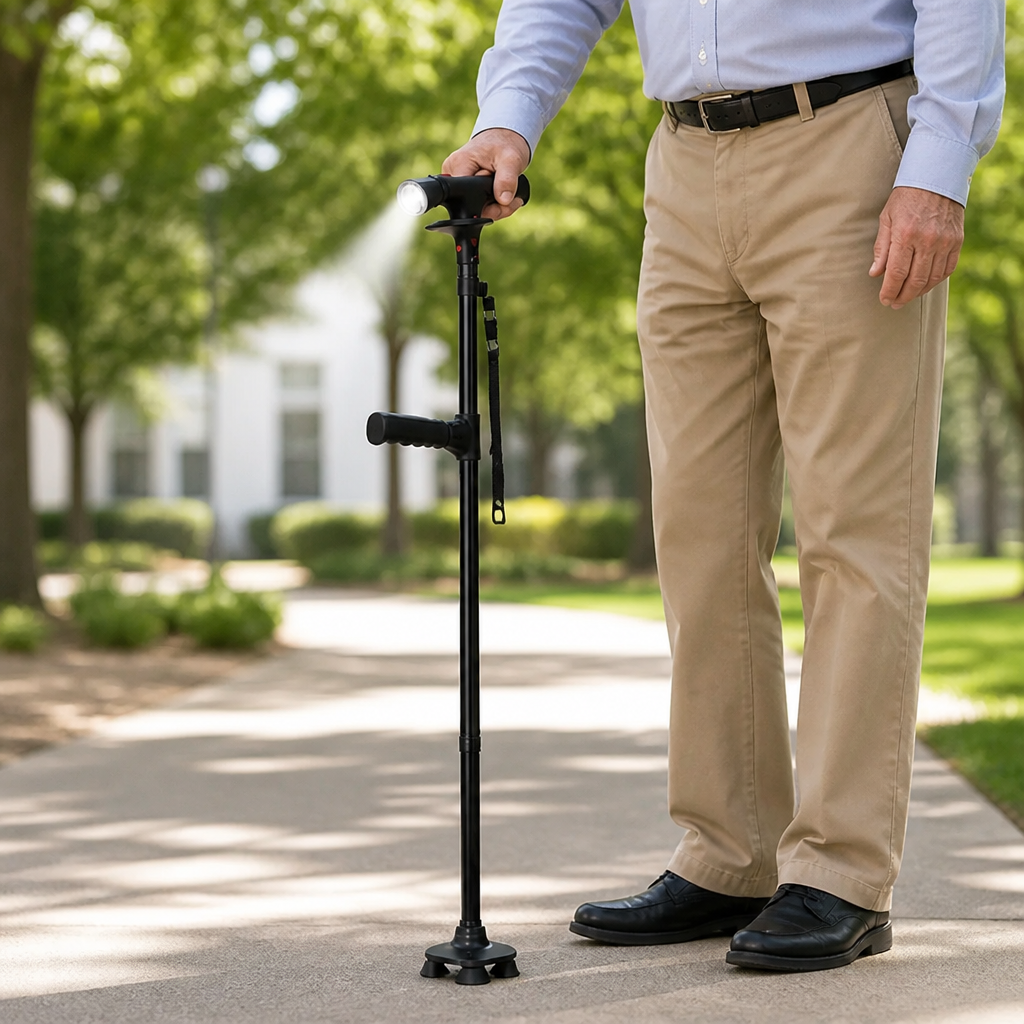 Black folding cane another view being used on a sunny path.