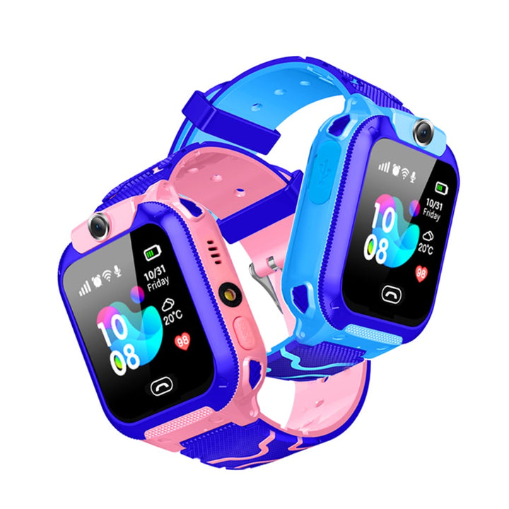 Pink and blue kids smartwatches shown at an angle on white, one displaying its side buttons and the other its screen and top camera. 5
