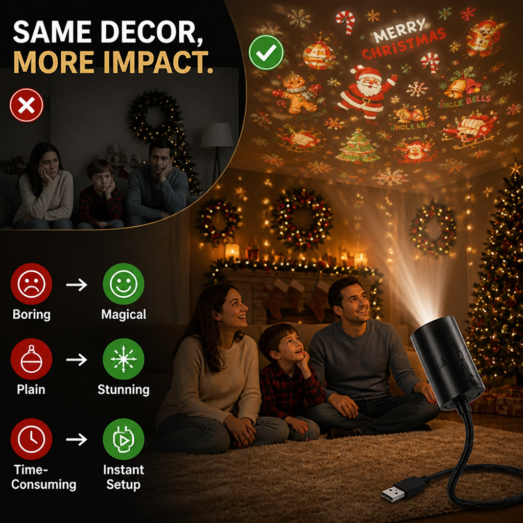 Before-and-after comparison showing a family beneath projected holiday designs.