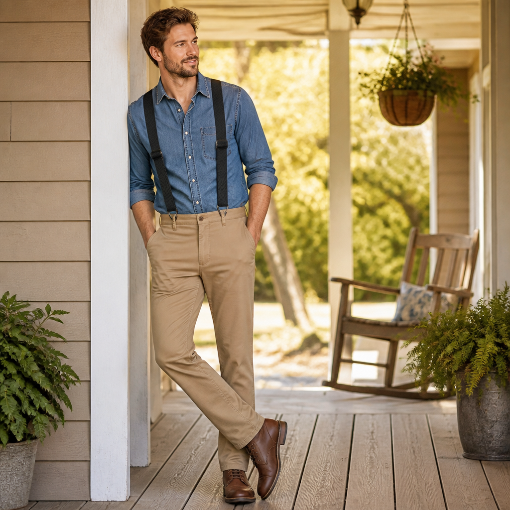 Men's black suspenders worn with a denim shirt and khaki pants.