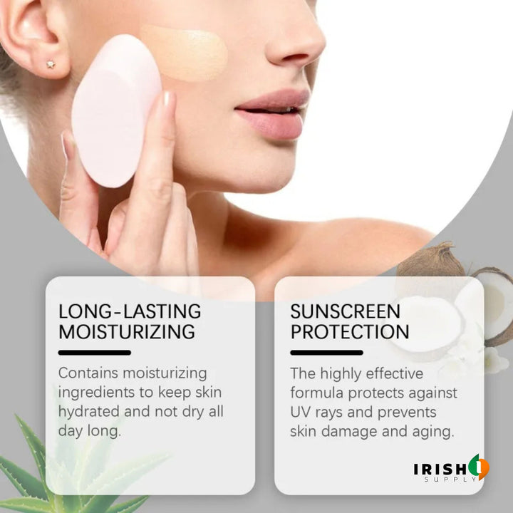 Close-up of a woman blending a beige foundation swatch on her cheek with a pink sponge, with moisturizing and sun protection captions.
