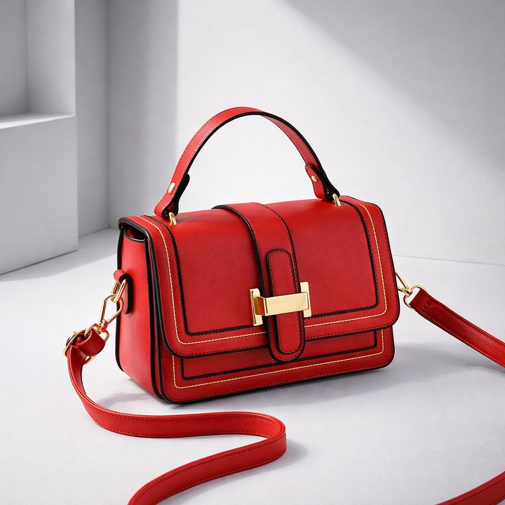 Bright red version of the bag with gold clasp and stitched trim, angled view with the strap draped on a white floor. 8