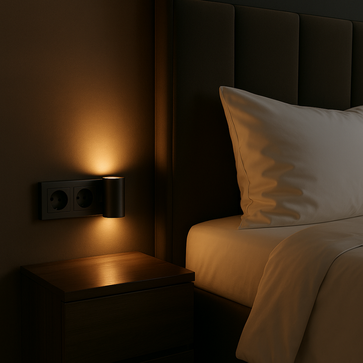 Black cylindrical plug-in night light beside a bed, casting a soft warm glow over a wooden nightstand.
