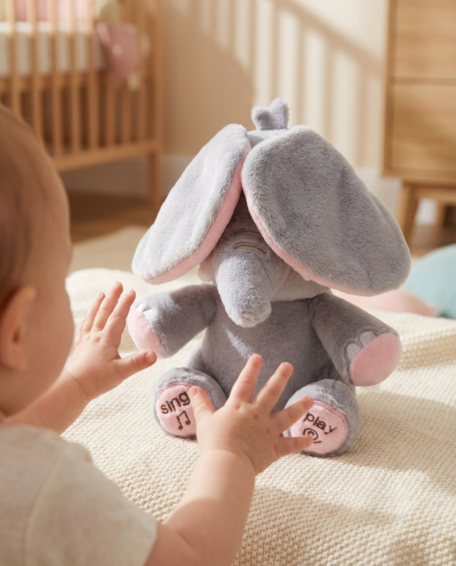 Another view of PeekaBuddy The Giggle Elephant Interactive Peekaboo Plush with its ears covering its face.