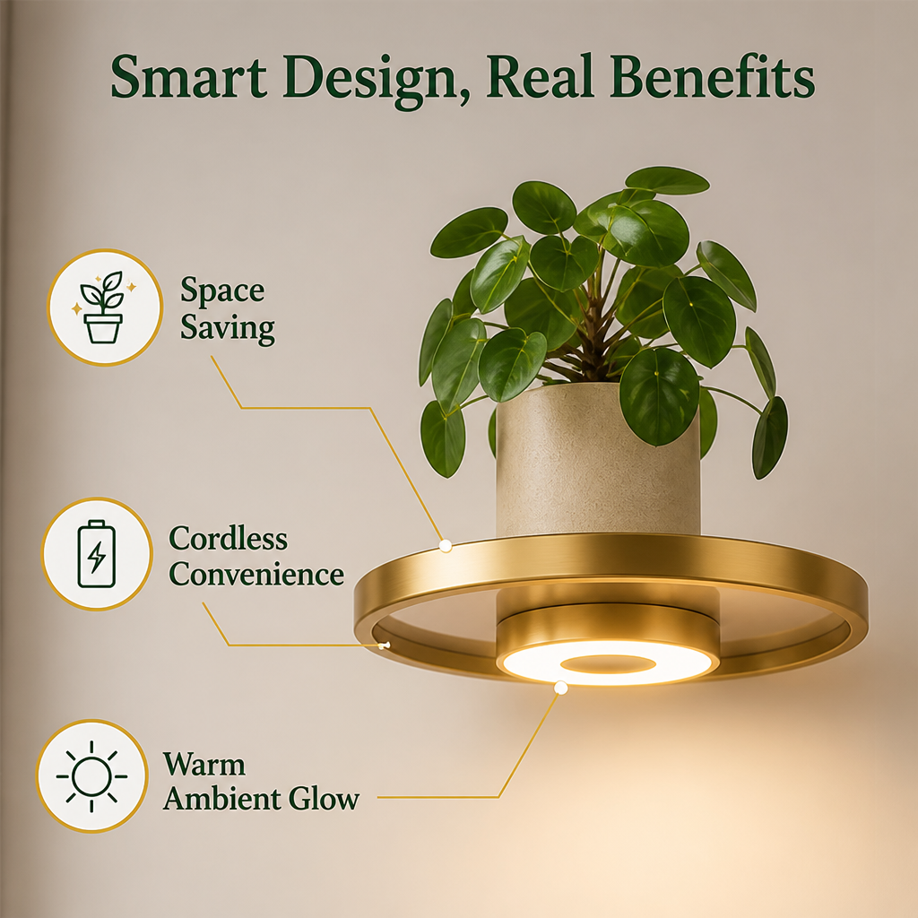 Close-up detail of one round gold shelf with a lit underside holding a potted plant.
