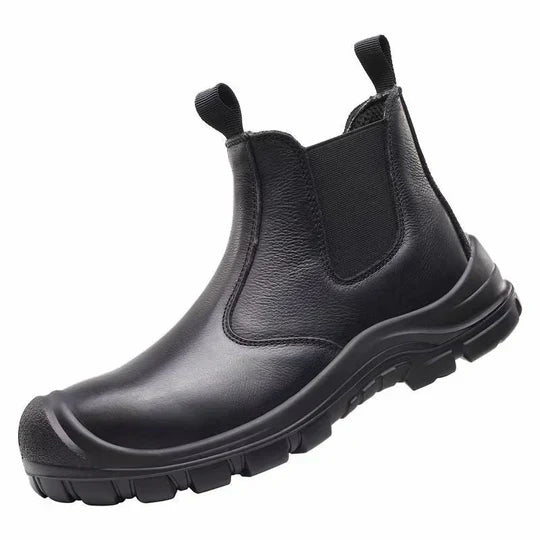 Single black leather pull-on boot angled to show the elastic side panel, pull tabs and chunky lug sole 2