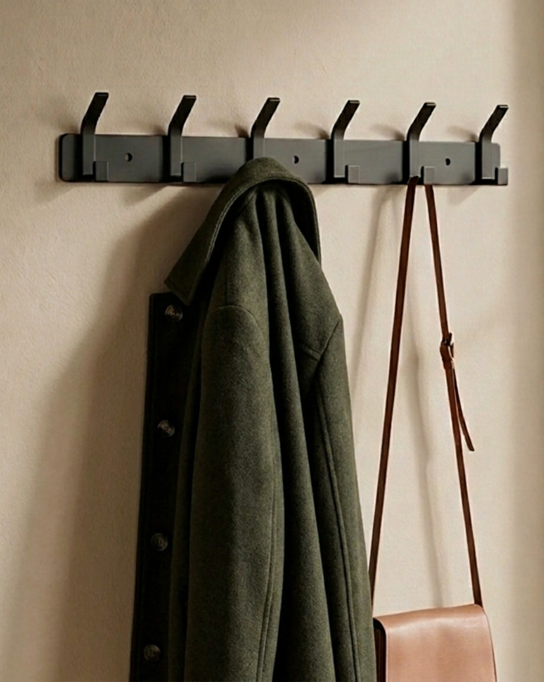 Black six-hook rack with a green coat and a brown leather shoulder bag in an entryway.