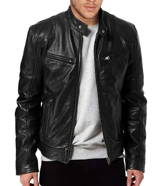 Model's torso in a black leather stand collar jacket, unzipped over a gray sweatshirt 2