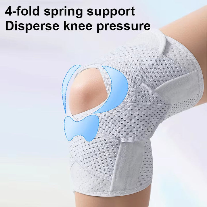White perforated knee wrap on a bent knee with blue outlines showing the curved pads around the open kneecap. 5