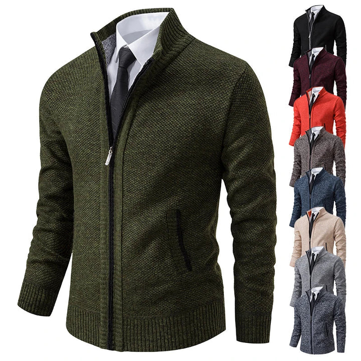 Olive green zip cardigan in front view, with smaller views of eight other color options 2
