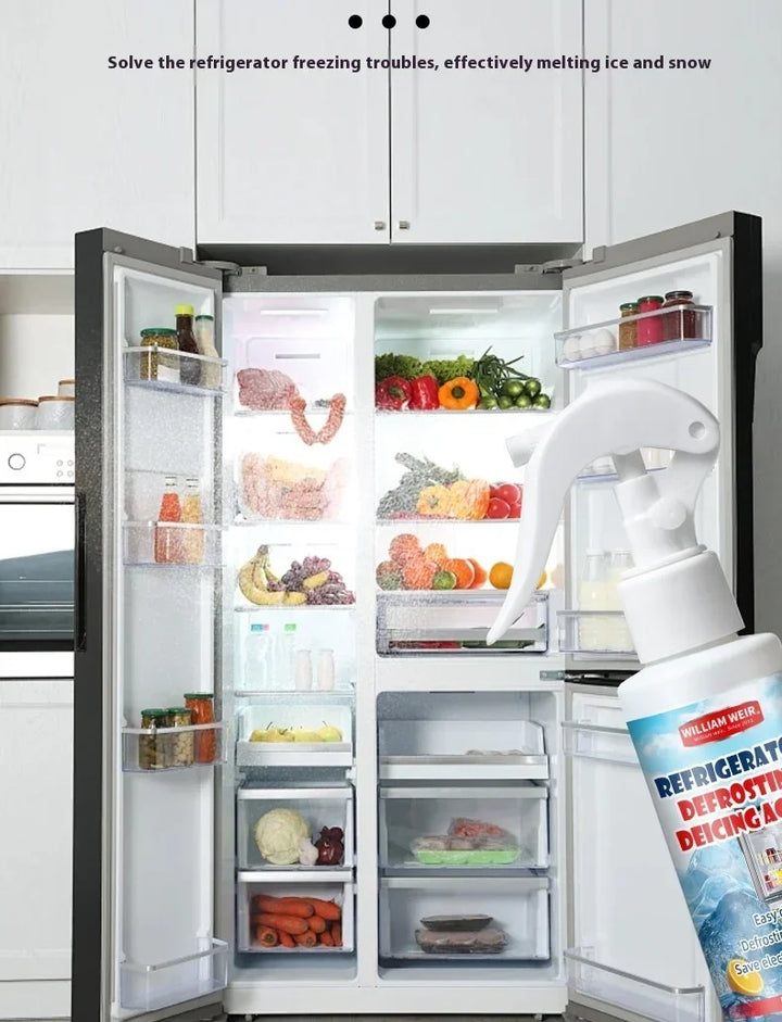 Open side-by-side refrigerator stocked with food, with the spray bottle in the lower right corner 2