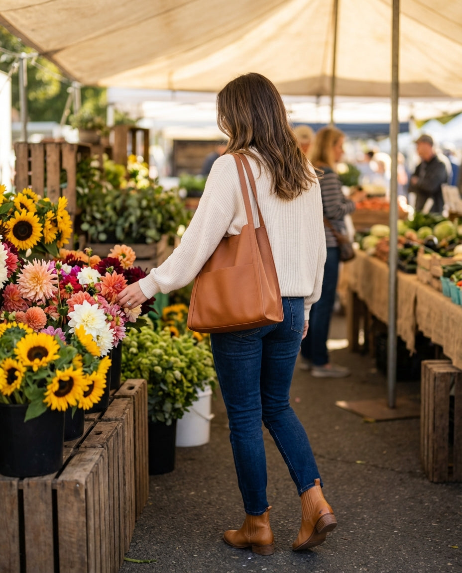 Woman seen from behind carries the brown leather tote on her shoulder while browsing flowers at an outdoor market.