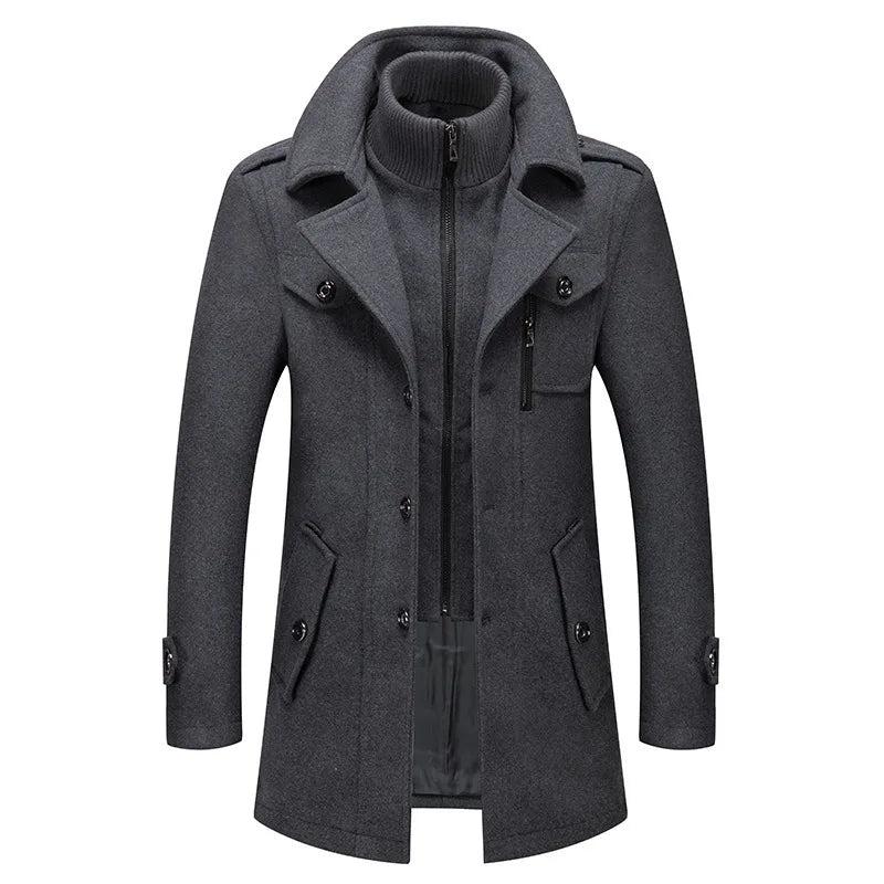 Gray overcoat laid flat from the front, showing the knit inner collar, buttons and zip pocket 2