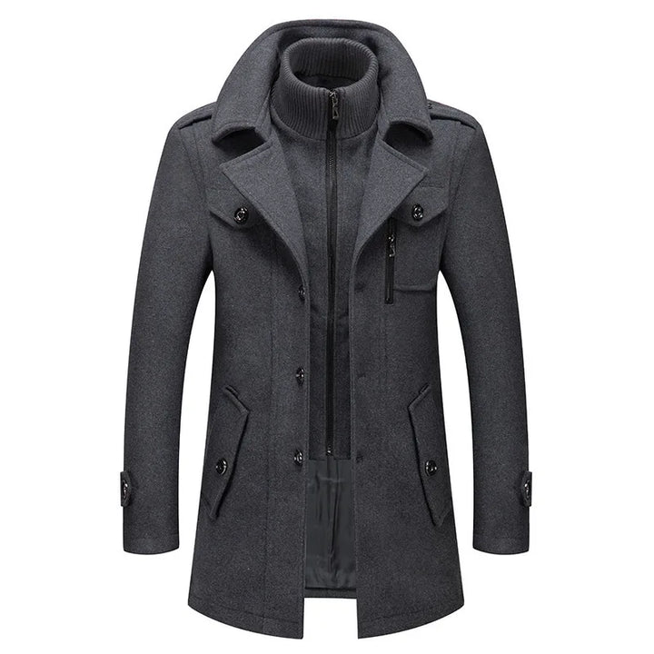 Gray overcoat laid flat from the front, showing the knit inner collar, buttons and zip pocket 2