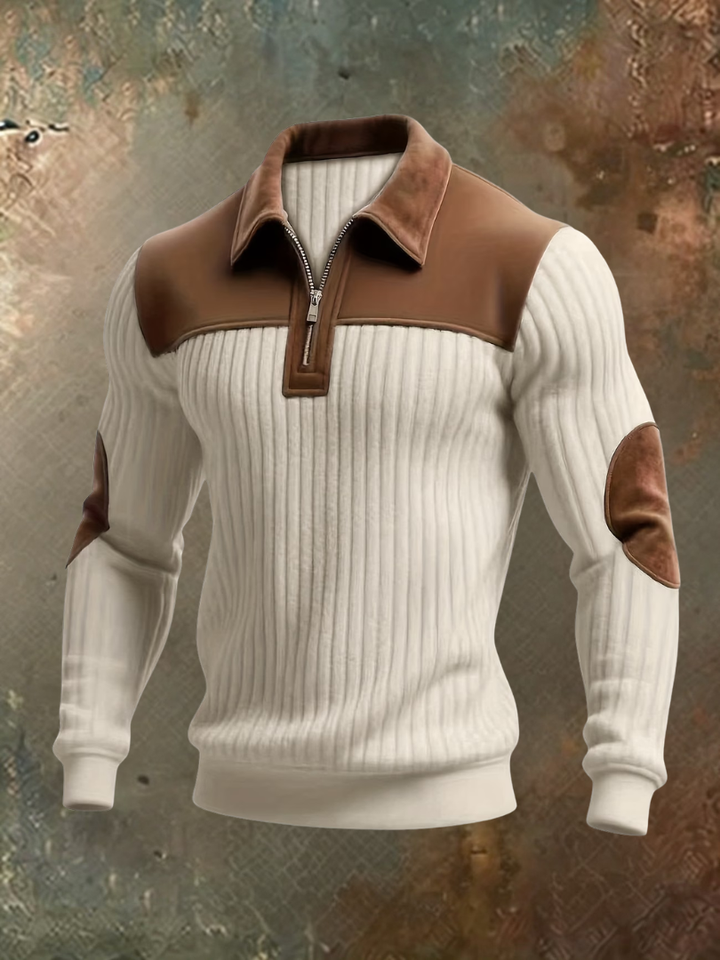 Men's ribbed quarter-zip sweater with brown suede-look collar, shoulder yoke and elbow patches, front view.