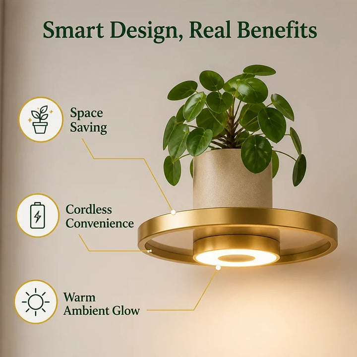 Close-up of one round gold shelf with a lit underside ring, holding a potted plant against a beige wall 3