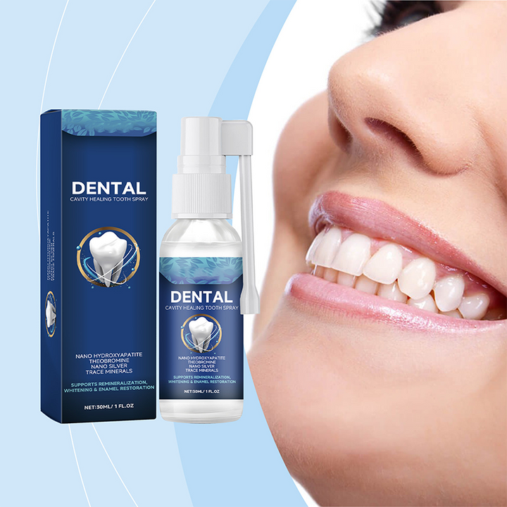 Blue box and small spray bottle with a long angled nozzle beside a close-up of a woman's bright smile. 1
