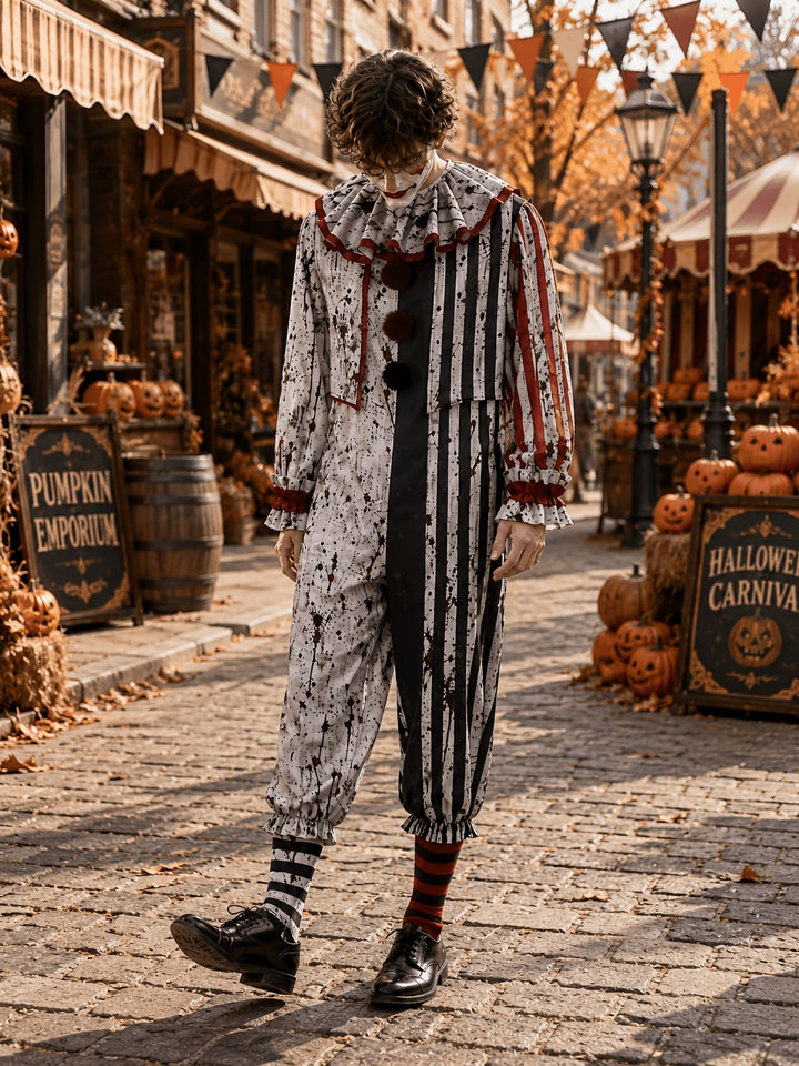 Model walking in the black and white striped clown jumpsuit with red trim, black pom-poms and shiny black shoes along an autumn street. 4