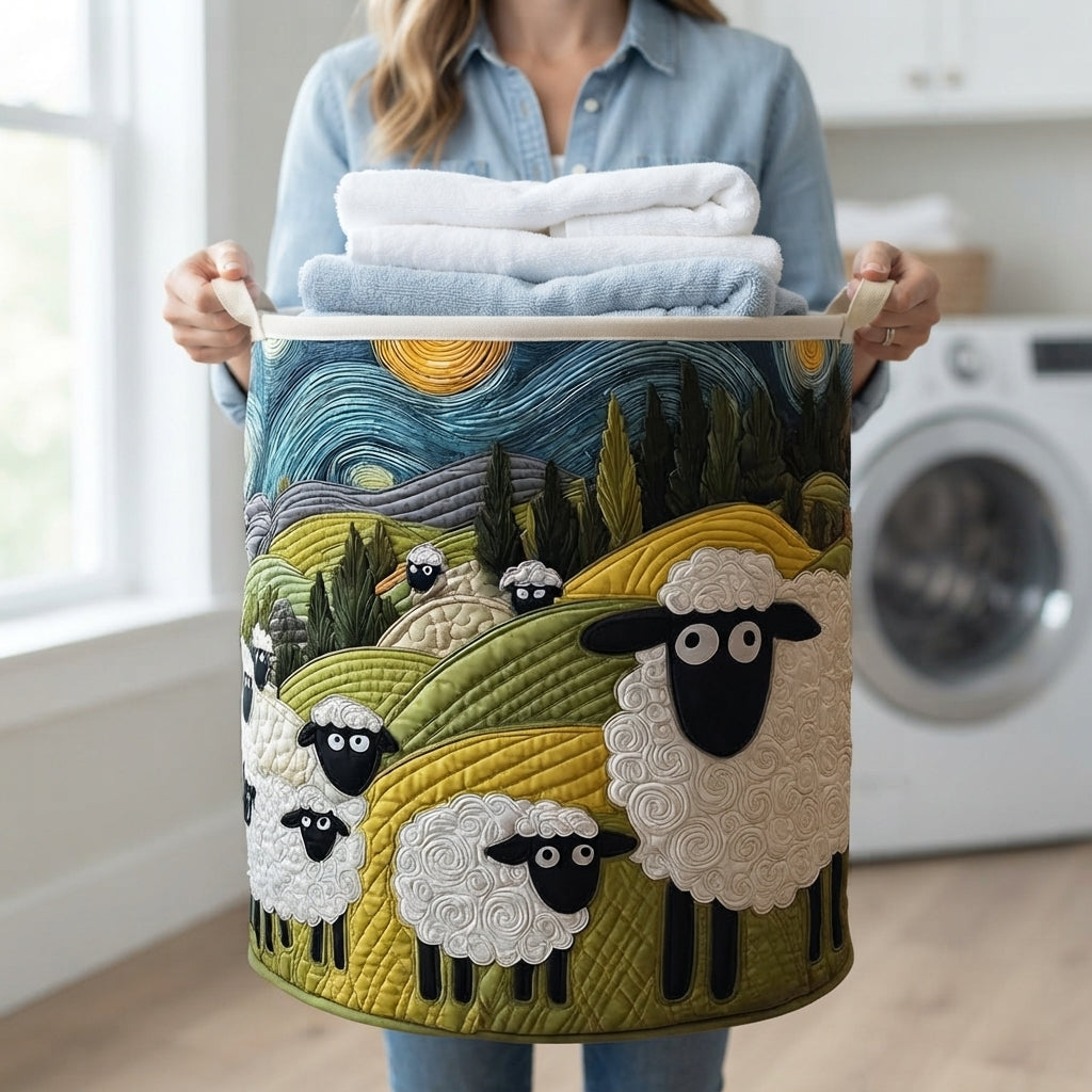 Woman in a denim shirt holding the sheep basket by its cream fabric handles, with folded white and blue towels stacked on top. 4