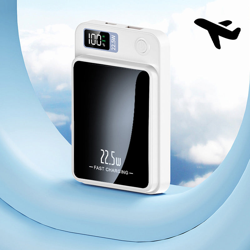White power bank standing upright against a cloudy sky backdrop with a small airplane icon, suggesting it is suitable for travel. 8