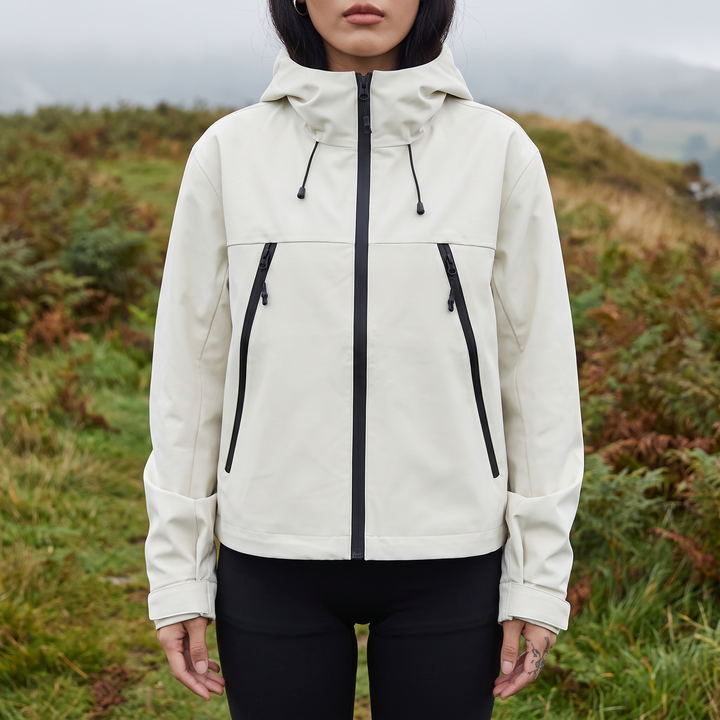 Cream hooded rain jacket worn by a model outdoors on a misty hillside, front view with black zips and drawcords. 1