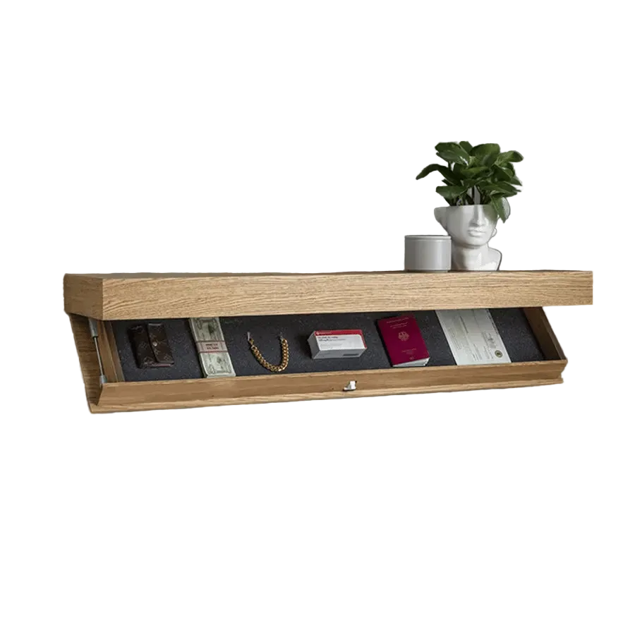 Natural oak floating shelf with a potted plant on top and the compartment open, holding a wallet, cash, a gold bracelet, a passport and papers. 3