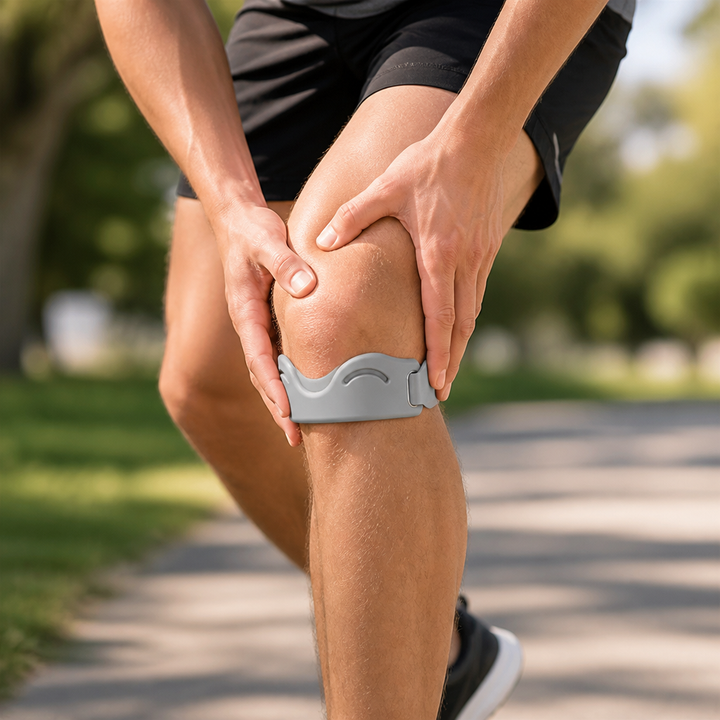 Man in a park holds his bent knee with both hands, a gray silicone strap fitted below the kneecap. 6