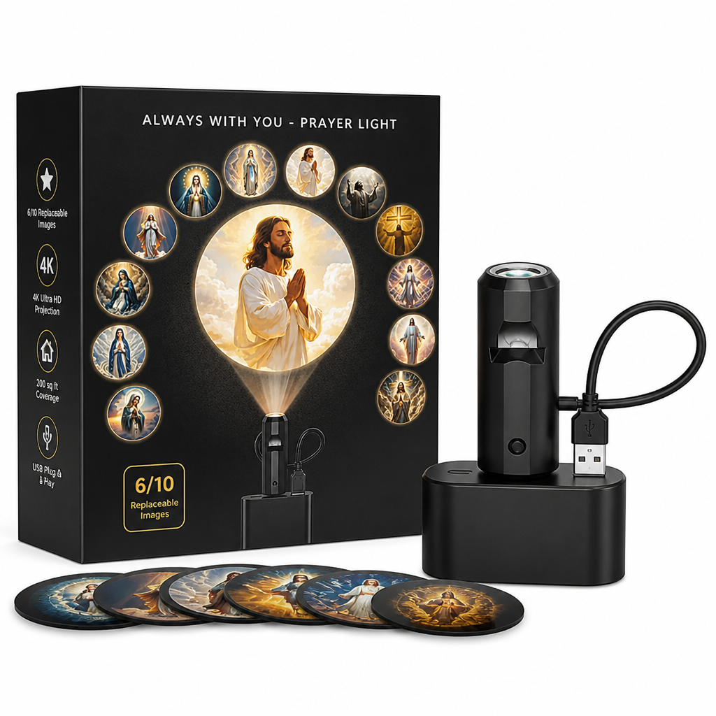 Black box with devotional image discs beside a projector on a base and six loose discs.