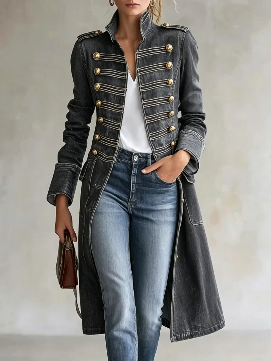 Charcoal gray denim version of the military coat with gold buttons and braided trim, styled with a white top and jeans. 9