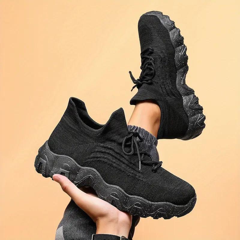 Another view of one black knit sneaker upright beneath a foot wearing the other.