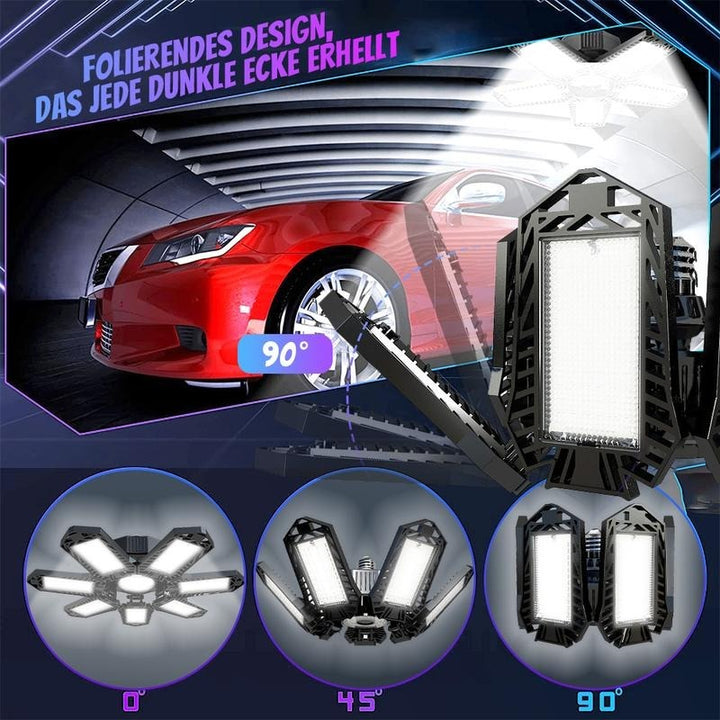 Folding LED light shown at 0, 45 and 90 degree panel angles, with a red car lit from the side. 2