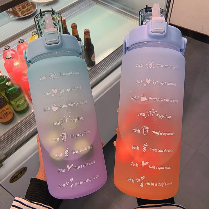 2L Motivational Water Bottle with Time Markers - HydroMotivator-Matt Green Purple-Nora Luxe