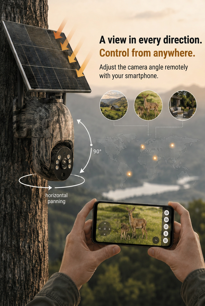Camouflage camera on a tree with solar panel, rotation arrows, and hands holding a phone that remotely steers the view toward a deer.