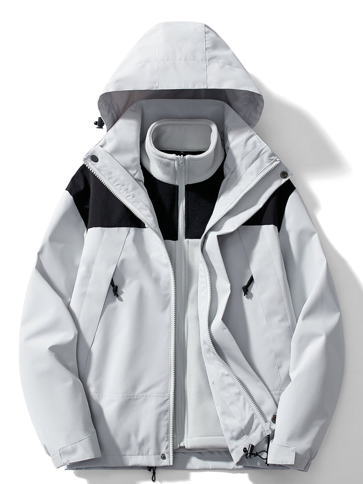 Light gray hooded jacket with black shoulder panels, unzipped over a matching gray fleece liner 3