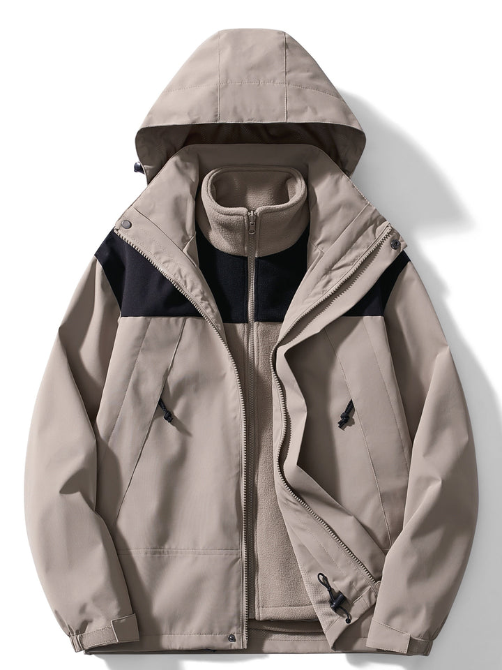 Taupe hooded jacket with black shoulder panels and drawcord hem, open over a taupe fleece liner 4