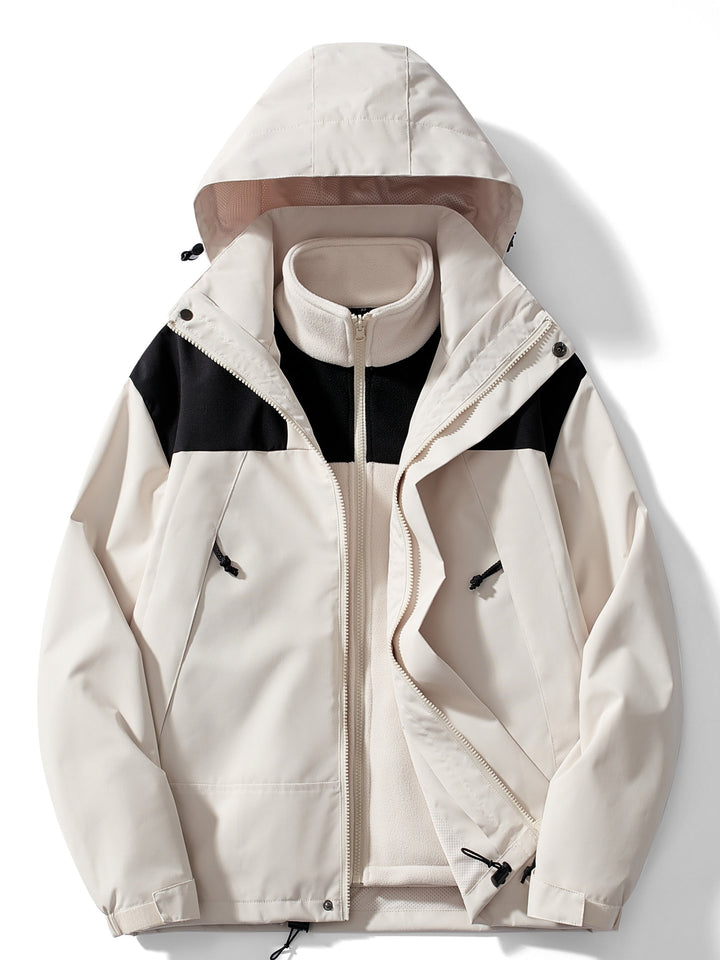 Cream hooded jacket with black shoulder panels, open to show the cream fleece liner inside 5