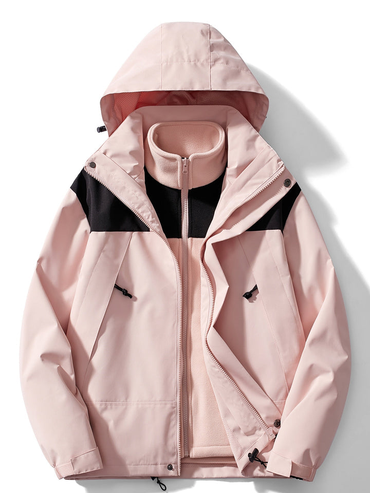 Light pink hooded jacket with black shoulder panels, unzipped over a pink fleece liner 6