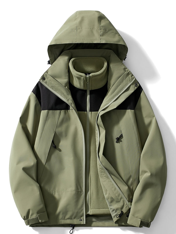 Olive green hooded jacket with black shoulder panels, open to show the matching fleece liner 1
