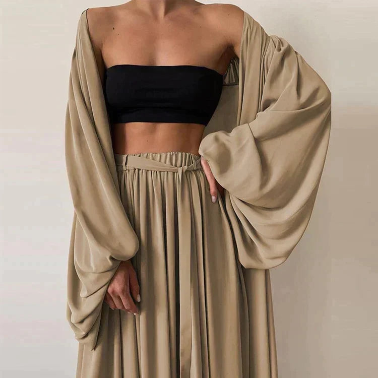 3-piece summer set with blazer, trousers & top – Leonie-Khaki-S-Nora Luxe