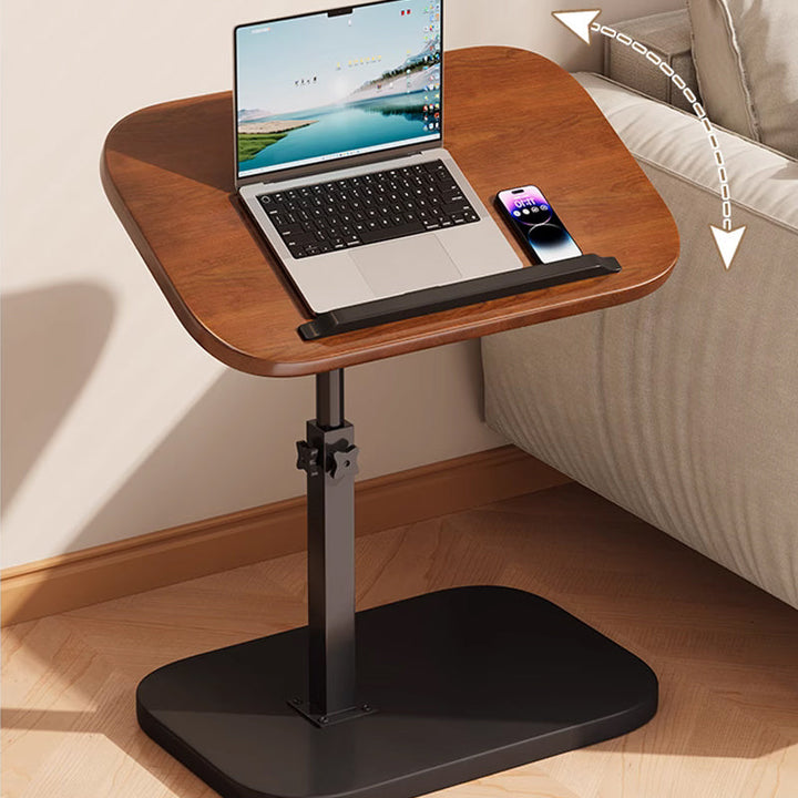 Black rolling laptop desk detail with height-adjustable base and swivel top