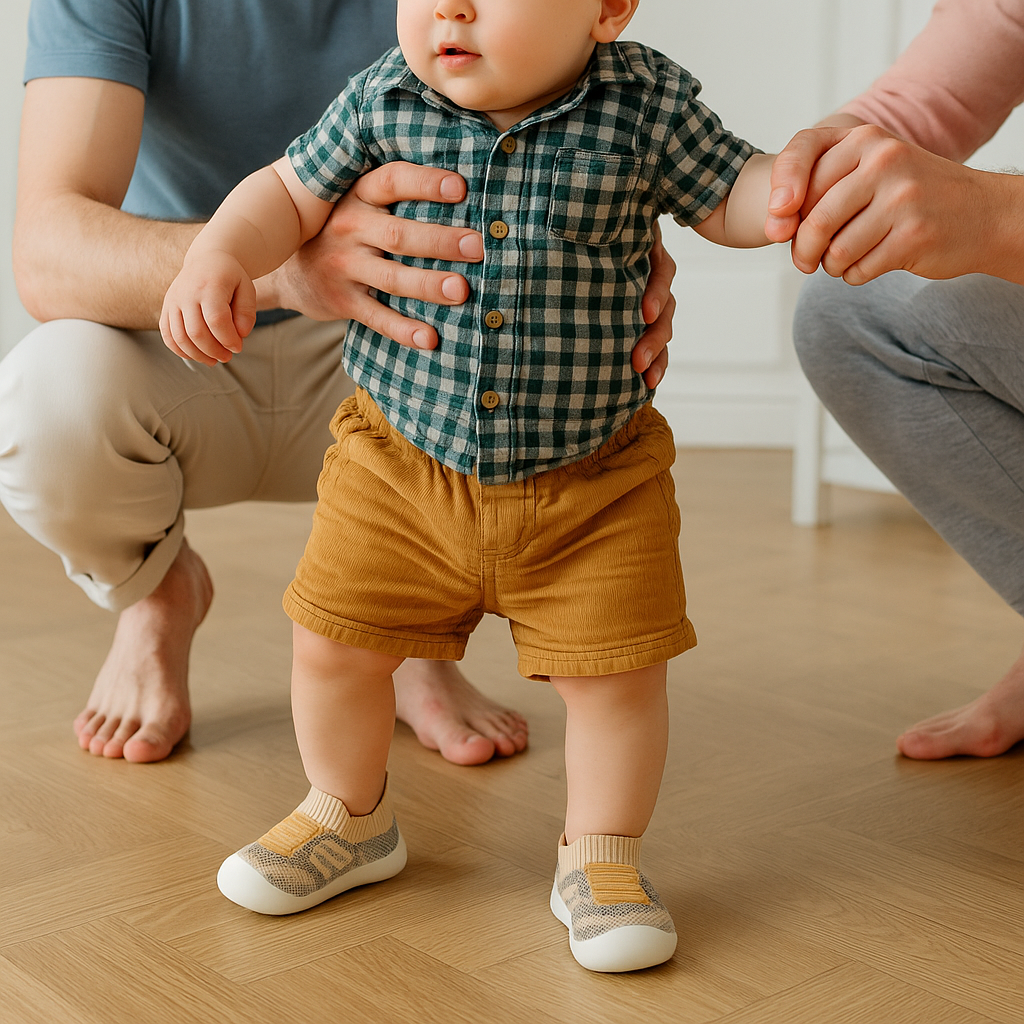 Beige knit baby shoes with white soles on a baby standing with support, another view.