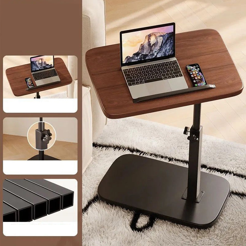 Black rolling laptop desk detail with tabletop, adjustment knob and metal tube