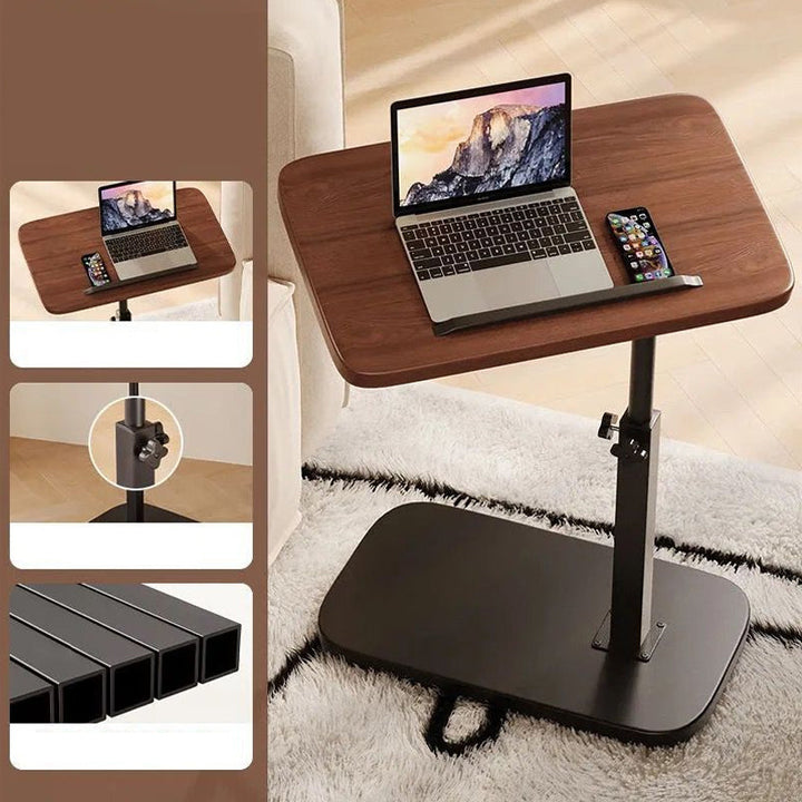 Black rolling laptop desk detail with tabletop, adjustment knob and metal tube