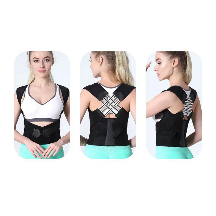 Three views of a woman wearing the black brace: front, back showing the crossed elastic bands, and a side profile. 8