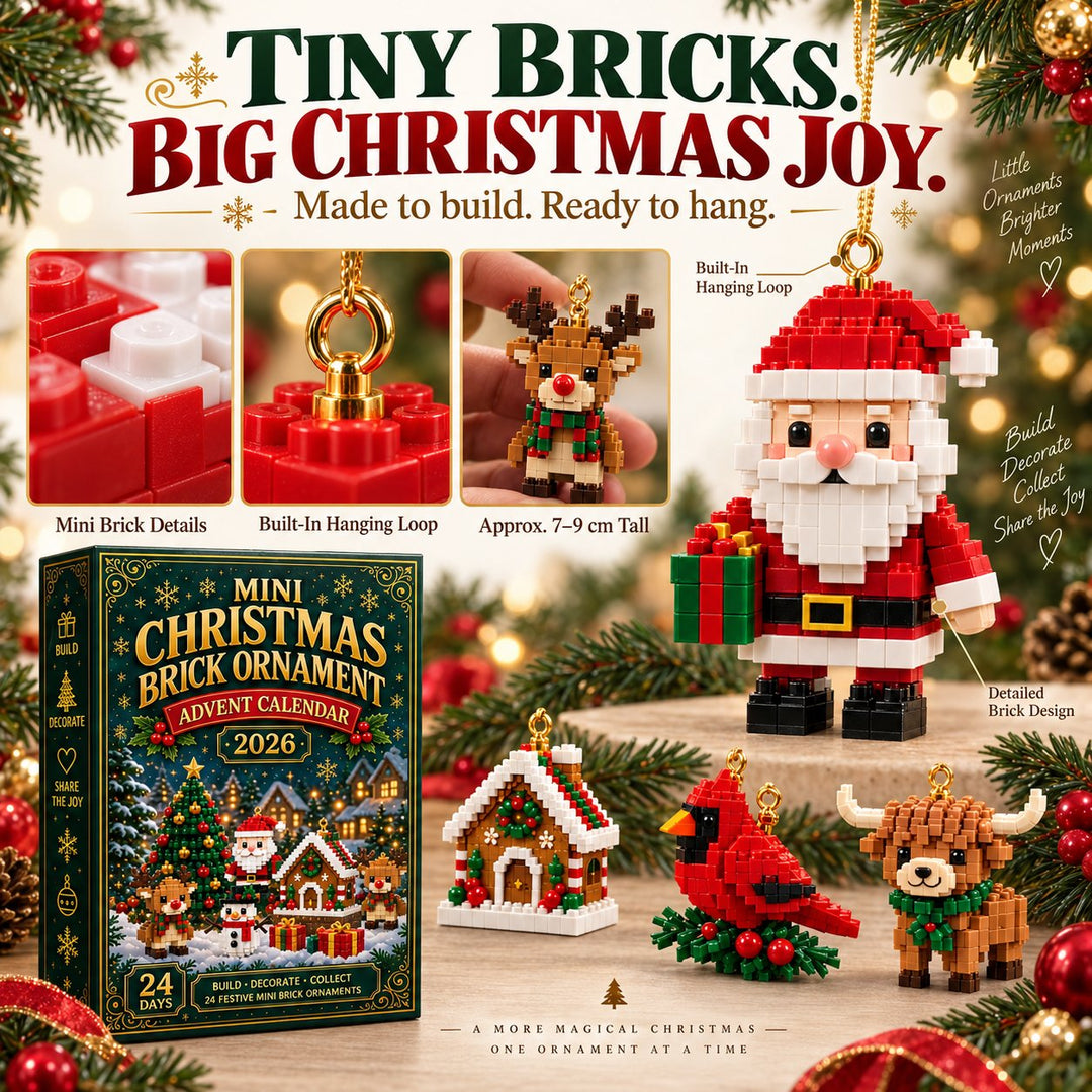 Close-up detail of mini bricks and a gold hanging loop, with a reindeer held in a hand and a large Santa, cardinal and highland cow.