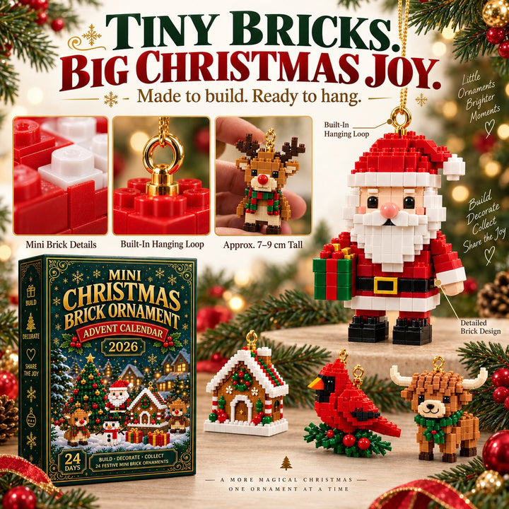 Close-up detail of mini bricks and a gold hanging loop, with a reindeer held in a hand and a large Santa, cardinal and highland cow.