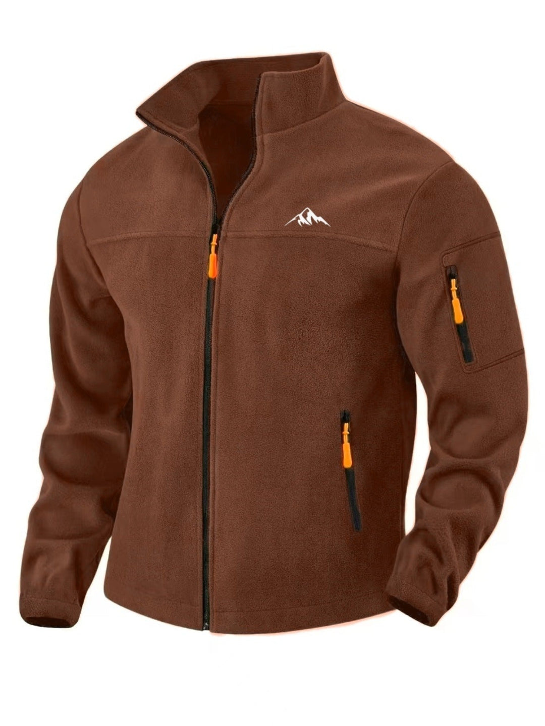 Front view of a rust-brown fleece jacket with orange zipper pulls, sleeve pocket and small mountain emblem 1